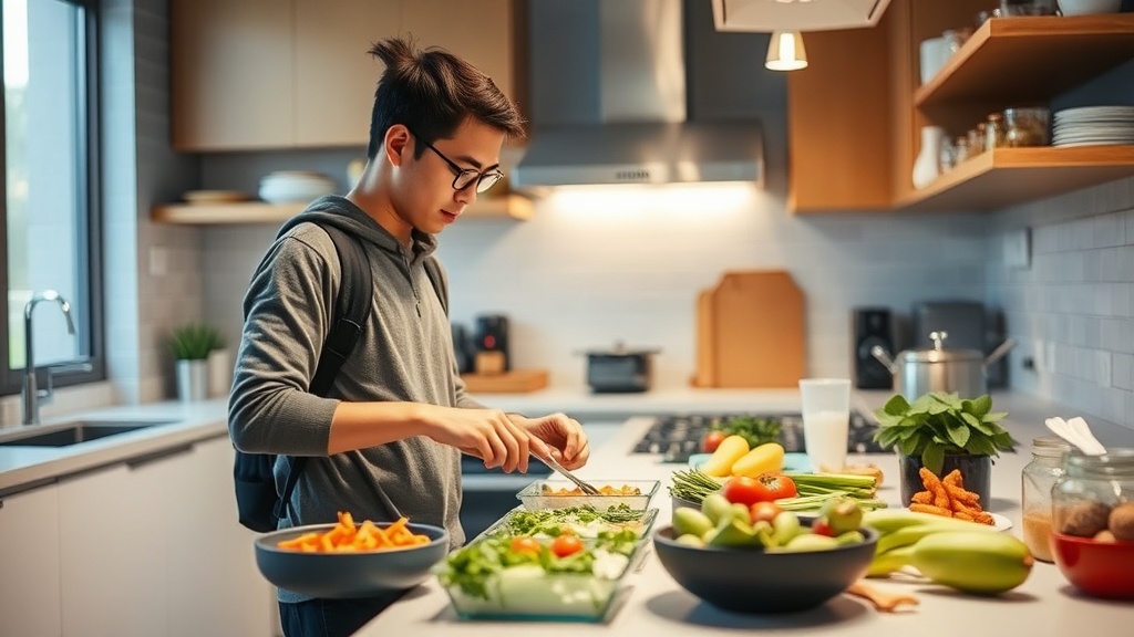 University student meal prepping in a clean kitchen