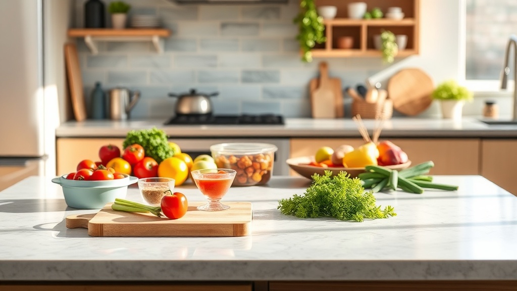 Organized kitchen countertop with fresh ingredients for meal prep
