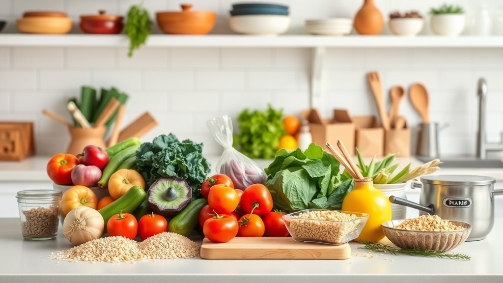 Organized kitchen countertop with fresh ingredients for vegan meal prep