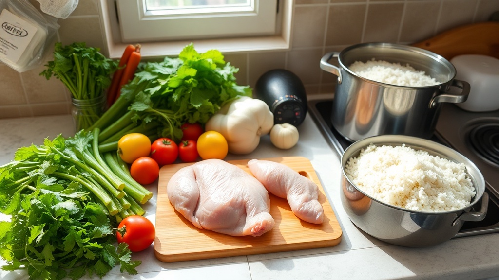 Organized kitchen countertop with meal prep ingredients
