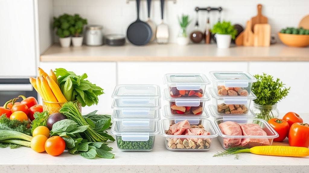 Organized kitchen countertop with fresh ingredients for meal prep