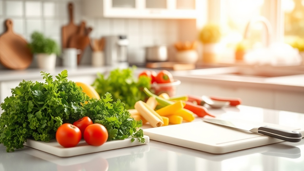 A clean kitchen counter with fresh vegetables and meal prep tools