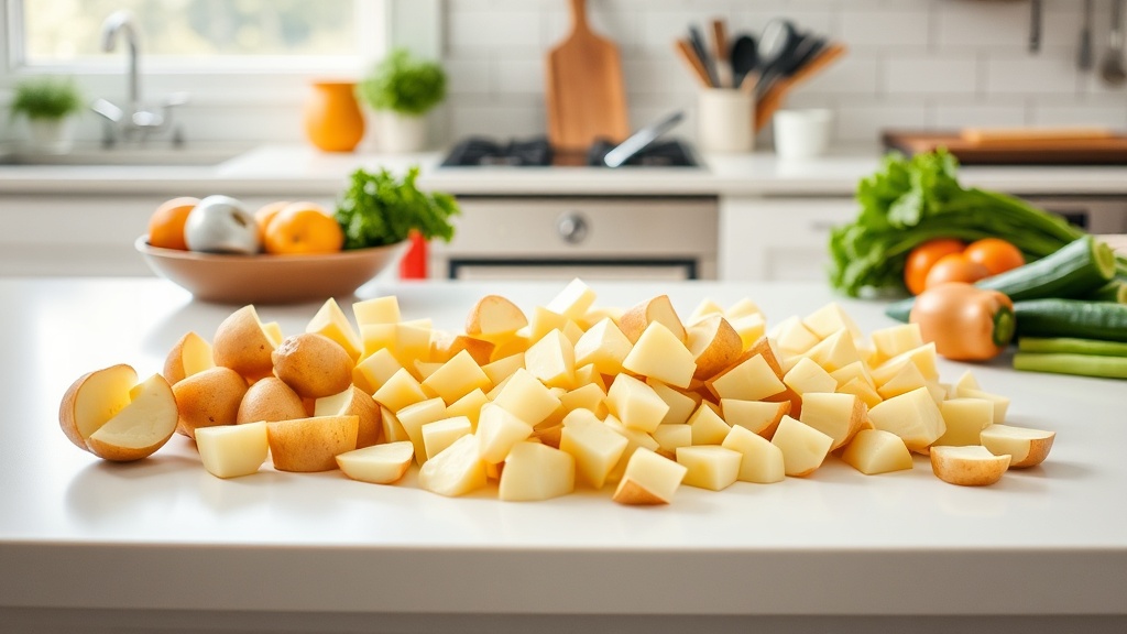 Modern kitchen prep area with neatly arranged potatoes and vegetables