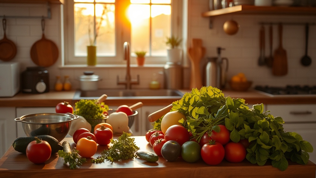 Cozy kitchen with organized prep surface and fresh ingredients