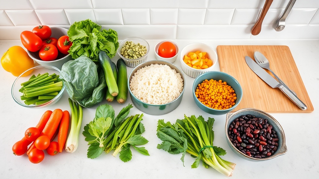 Organized kitchen countertop with fresh ingredients for meal prep