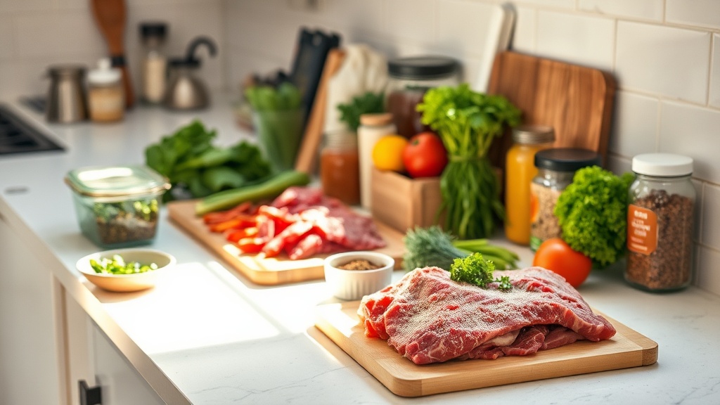 Organized kitchen countertop with ingredients for beef meal prep