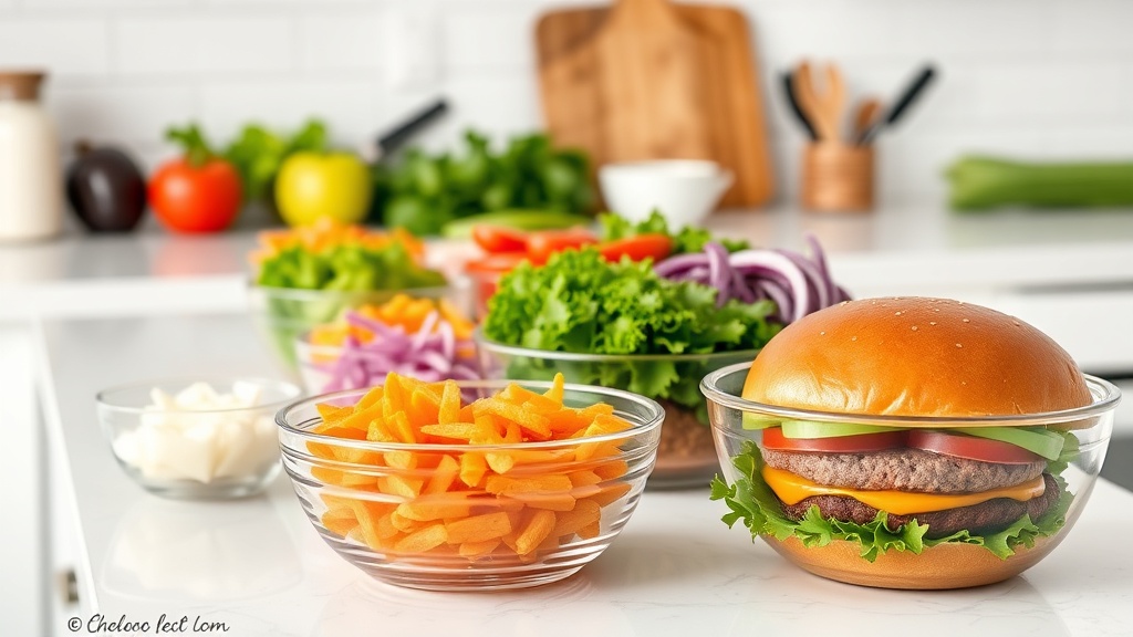Colorful meal prep scene with fresh ingredients in burger bowls on a kitchen countertop