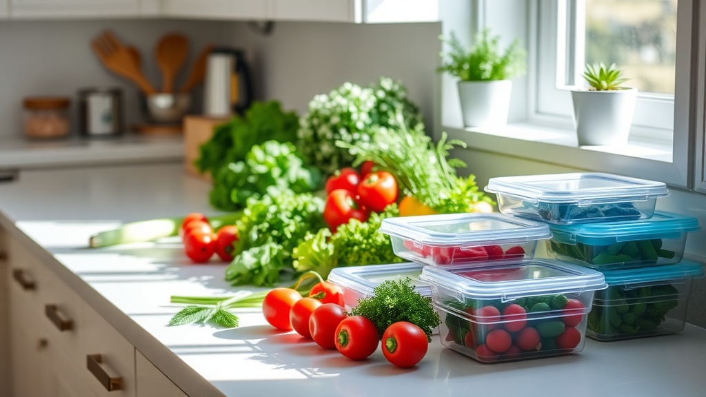 Organized kitchen countertop with fresh vegetables and meal prep containers