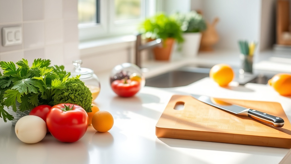 Organized kitchen countertop with fresh ingredients for meal prep