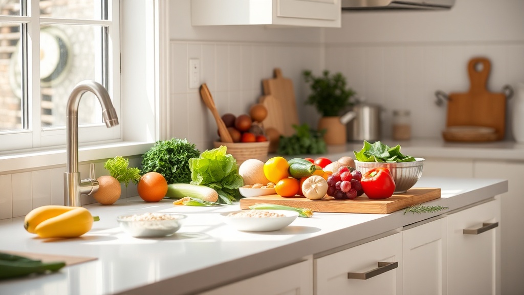 Clean kitchen countertop with fresh ingredients for meal prep