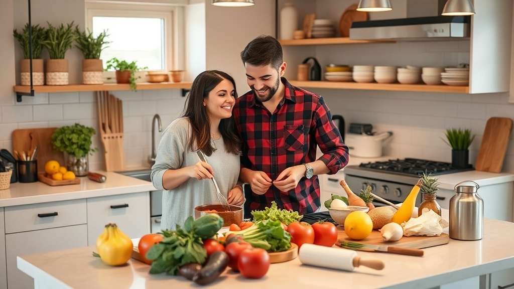 Couple cooking together in a tidy kitchen