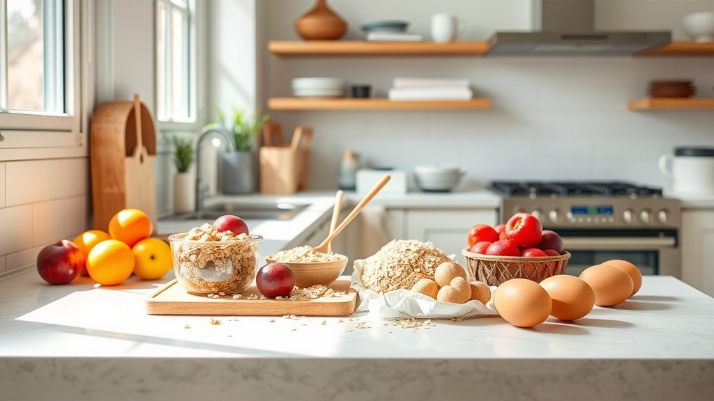 Bright kitchen with fresh breakfast ingredients on a clean prep surface