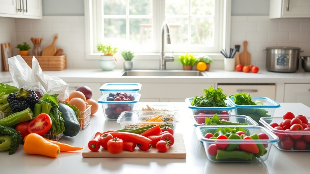 Organized kitchen with fresh ingredients for meal prep