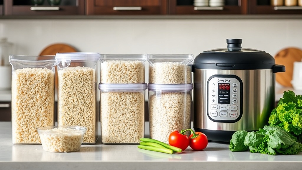 Kitchen countertop with rice containers and meal prep ingredients