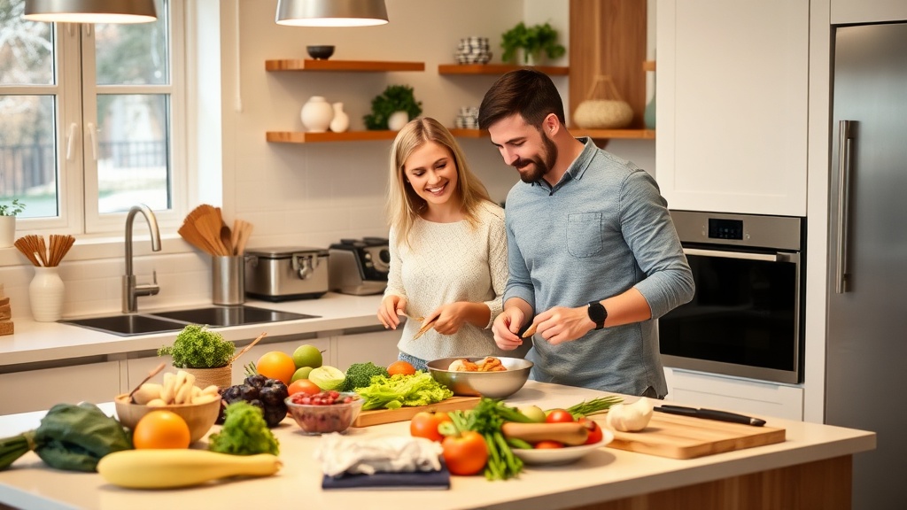 Couple meal prepping together in a cozy kitchen