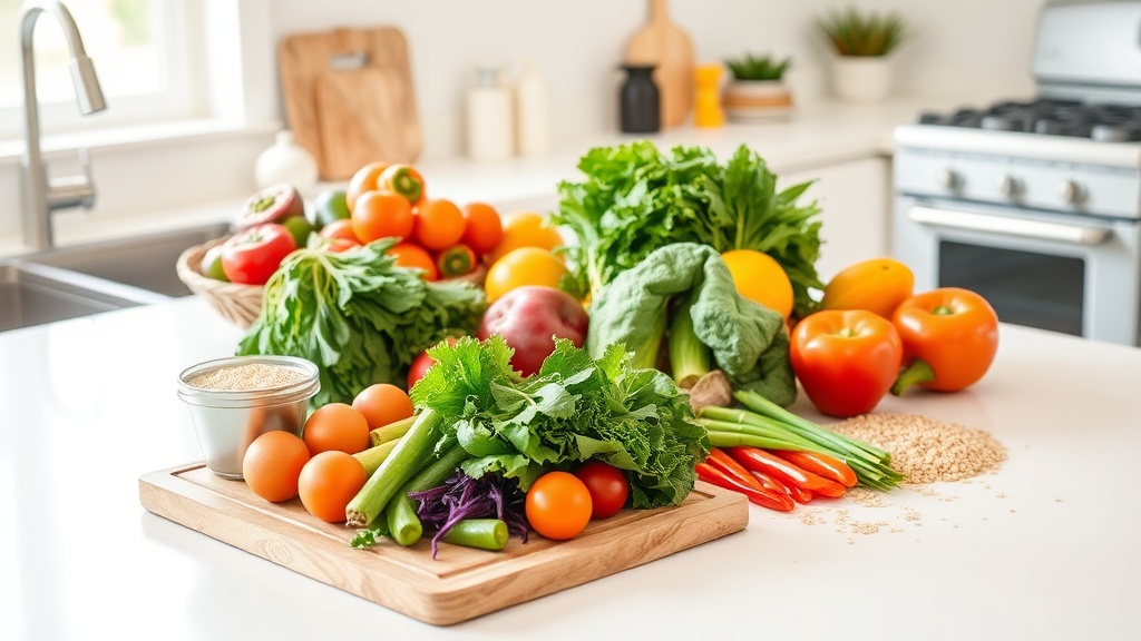 Organized kitchen countertop with fresh ingredients for meal prep