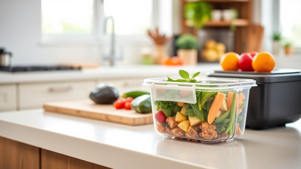 Modern kitchen with fresh ingredients and meal prep container