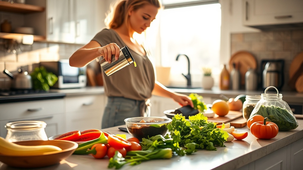 A person preparing a healthy breakfast in a busy kitchen during morning rush
