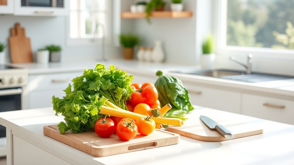 Clean kitchen countertop with fresh vegetables and cutting board