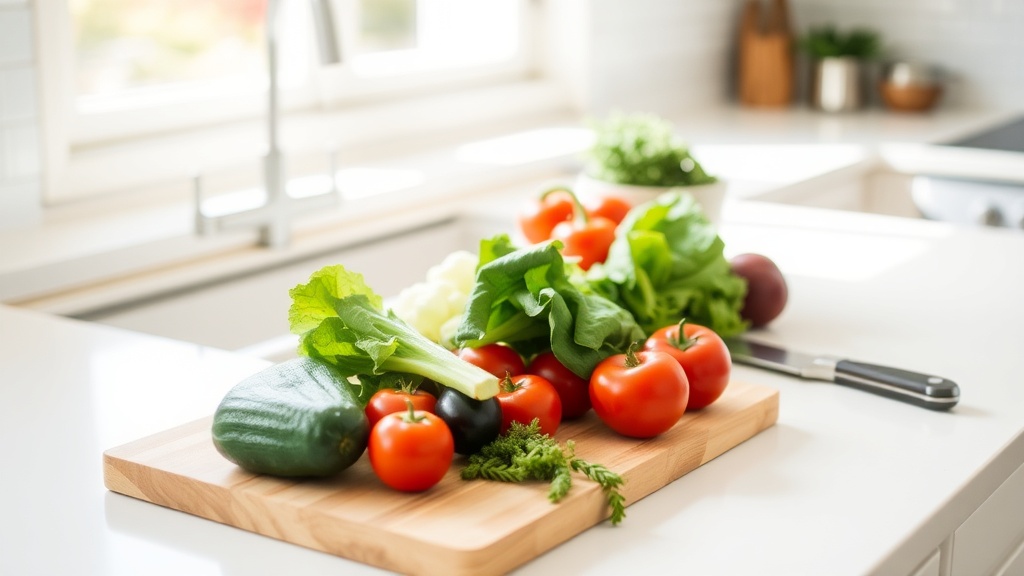 Clean kitchen countertop with fresh vegetables and cutting board