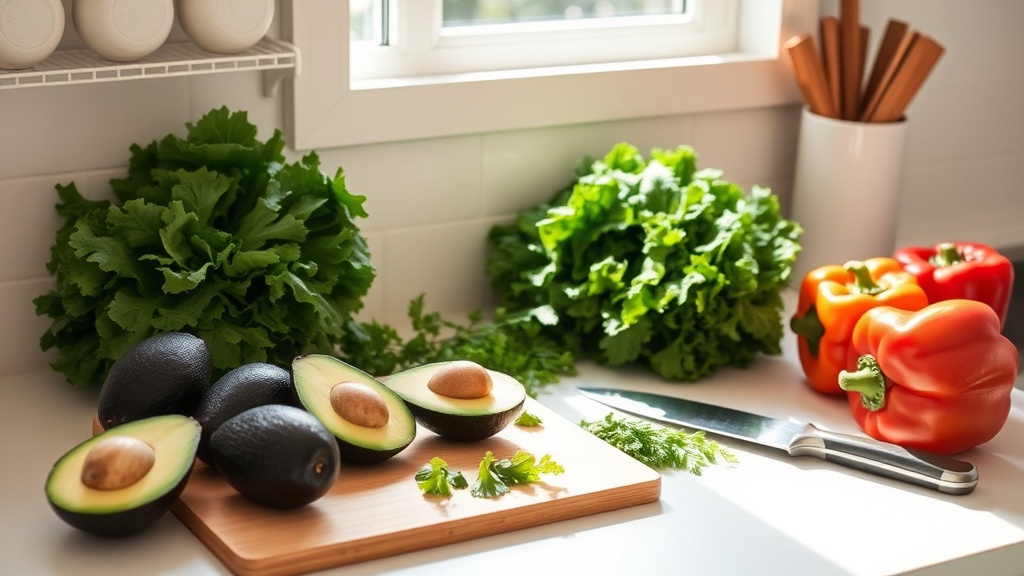 Organized kitchen countertop with fresh low carb ingredients for meal prep