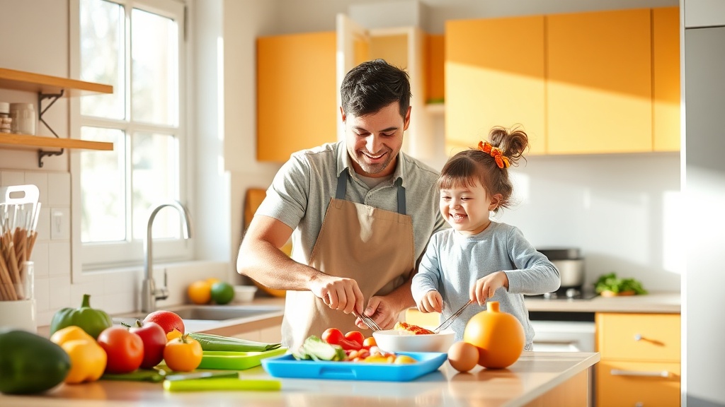 Parent and child cooking together in a bright kitchen