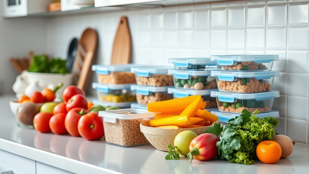 Organized kitchen countertop with fresh ingredients for meal prep