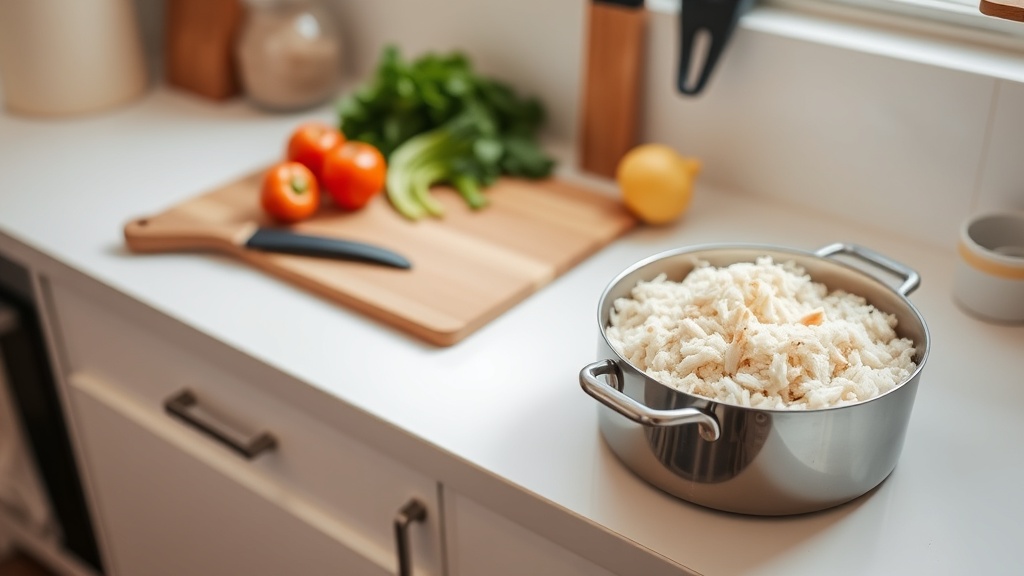 Organized kitchen countertop with ingredients for chicken rice meal prep