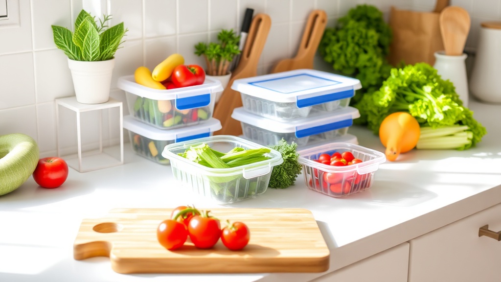 Organized kitchen countertop with fresh ingredients for meal prep