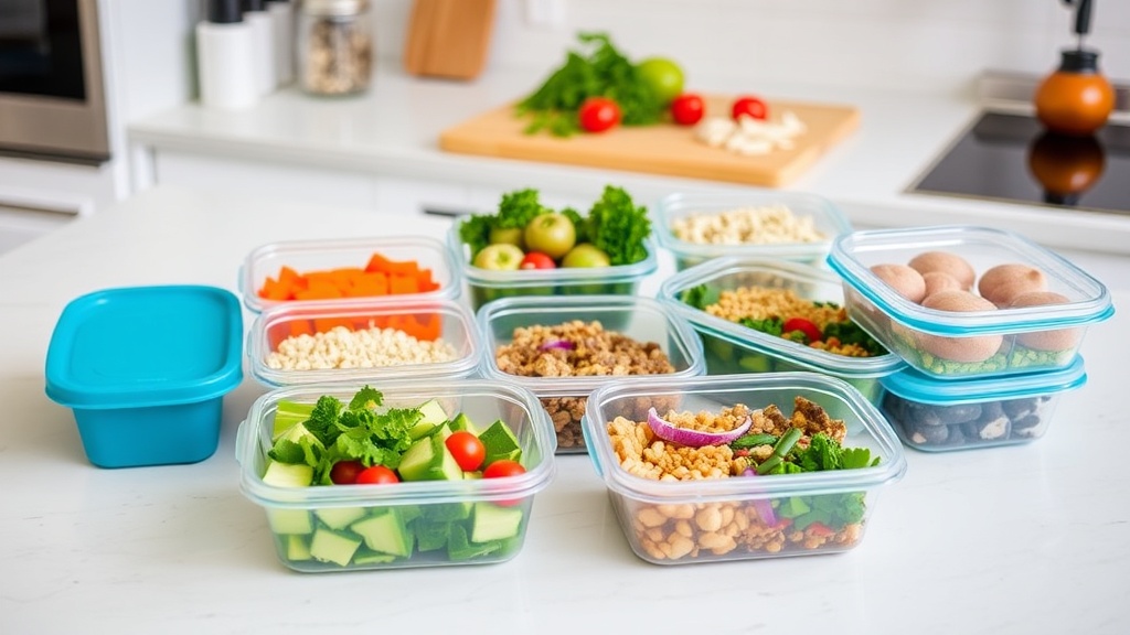 Organized kitchen countertop with colorful meal prep containers and fresh ingredients