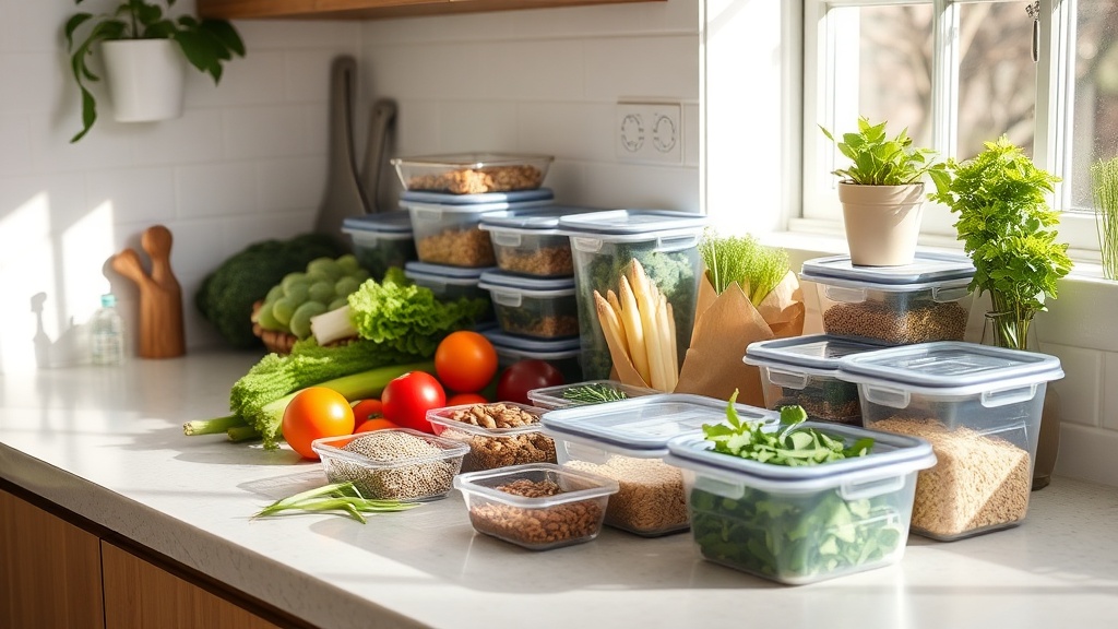 Organized kitchen countertop with fresh ingredients for meal prep
