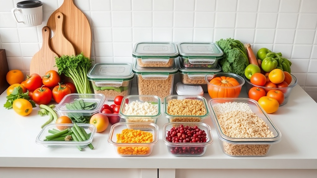 Organized kitchen countertop with fresh ingredients for meal prep