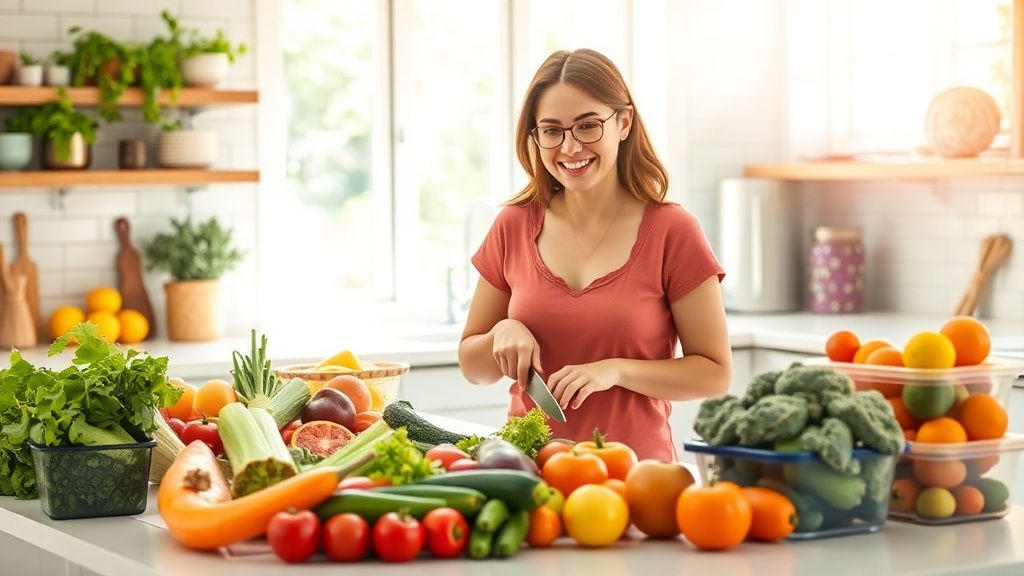 A person happily preparing fresh summer meals in a bright kitchen