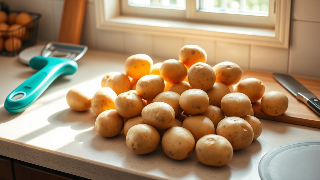 A kitchen countertop with fresh potatoes and a peeler, illuminated by natural light.