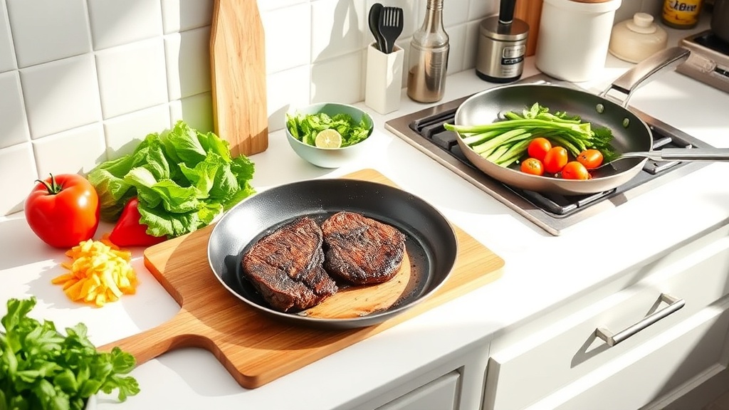 Organized kitchen countertop with fresh ingredients for meal prep