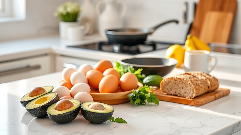 A clean kitchen prep area with fresh breakfast ingredients