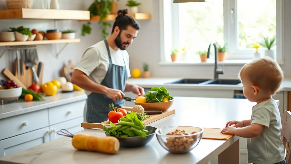 Parent cooking in a bright kitchen with a toddler playing