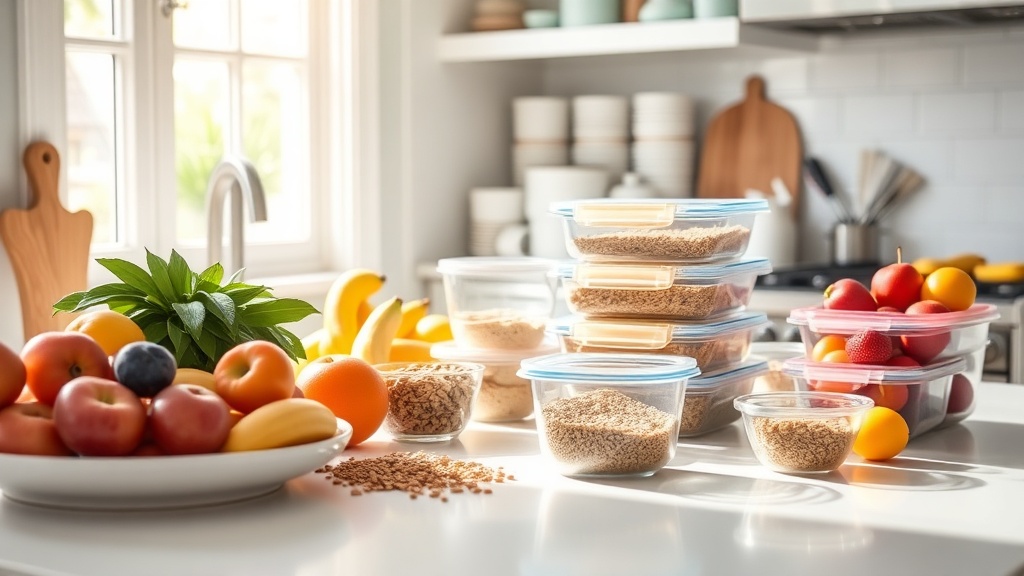 A clean kitchen countertop with healthy breakfast ingredients