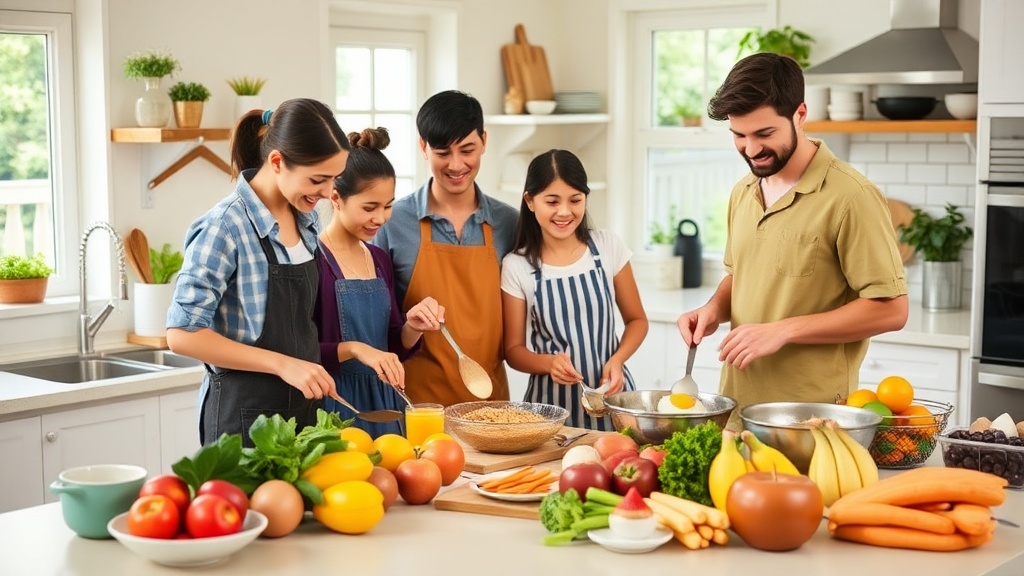Family preparing breakfast in a clean kitchen