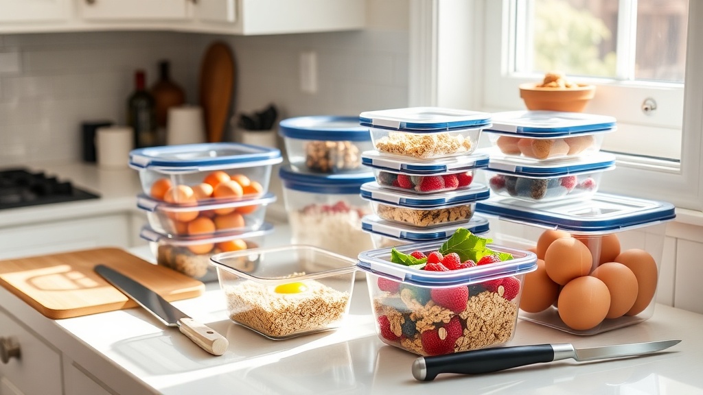 Organized kitchen countertop with meal prep containers and fresh ingredients for breakfast