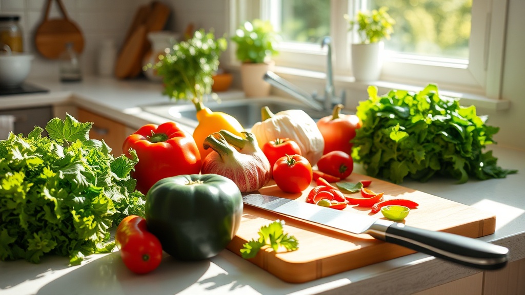 Organized kitchen countertop with fresh vegetables and meal prep tools