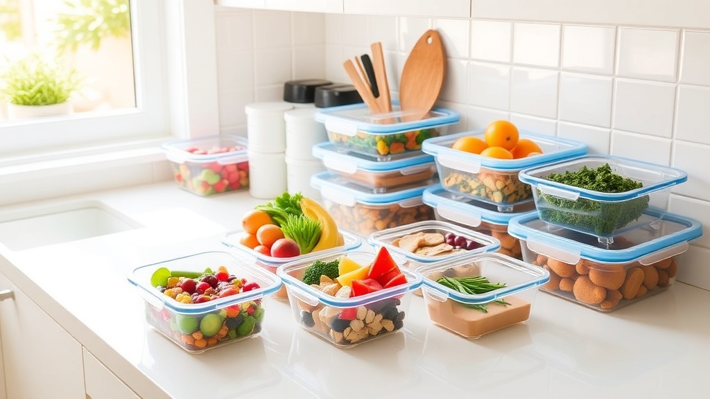 Organized kitchen countertop with meal prep containers and healthy breakfast ingredients