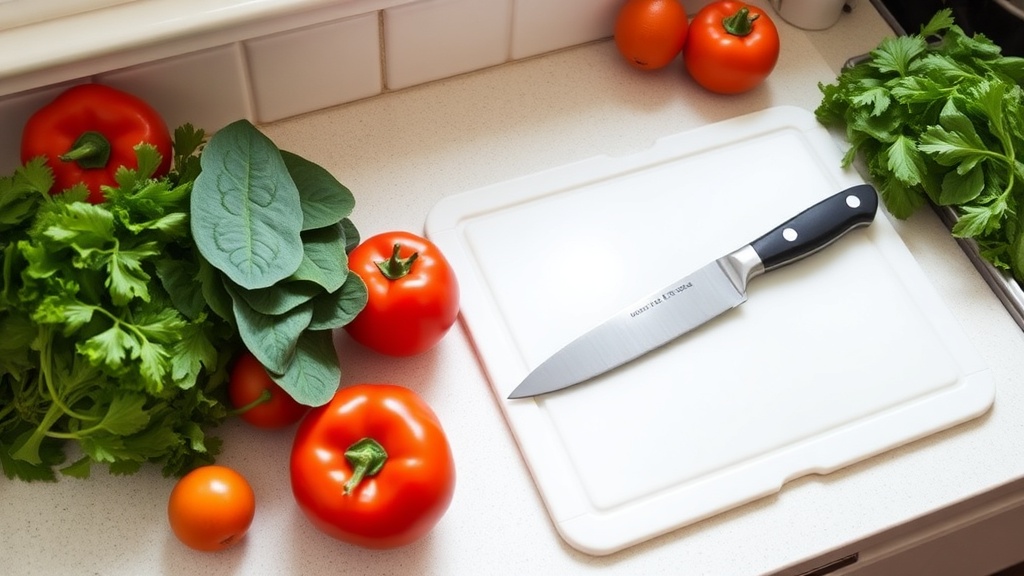 Organized kitchen countertop with fresh ingredients for meal prep