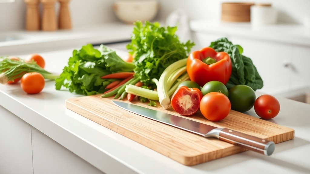 Organized kitchen countertop with fresh ingredients for meal prep