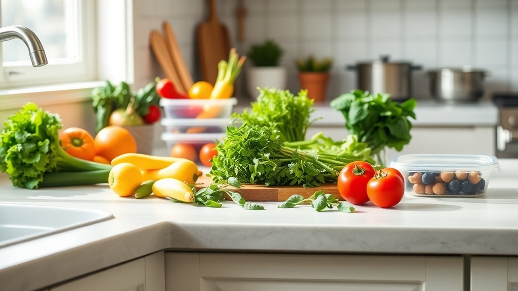 Bright kitchen with organized meal prep ingredients
