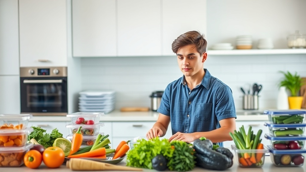 College student meal prepping in a bright, organized kitchen