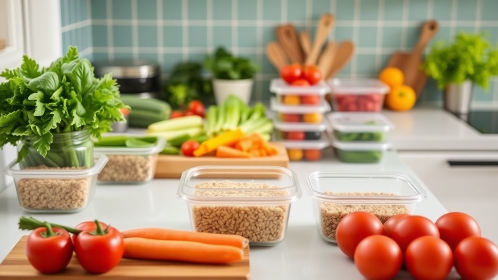 A clean kitchen counter with fresh ingredients for meal prep
