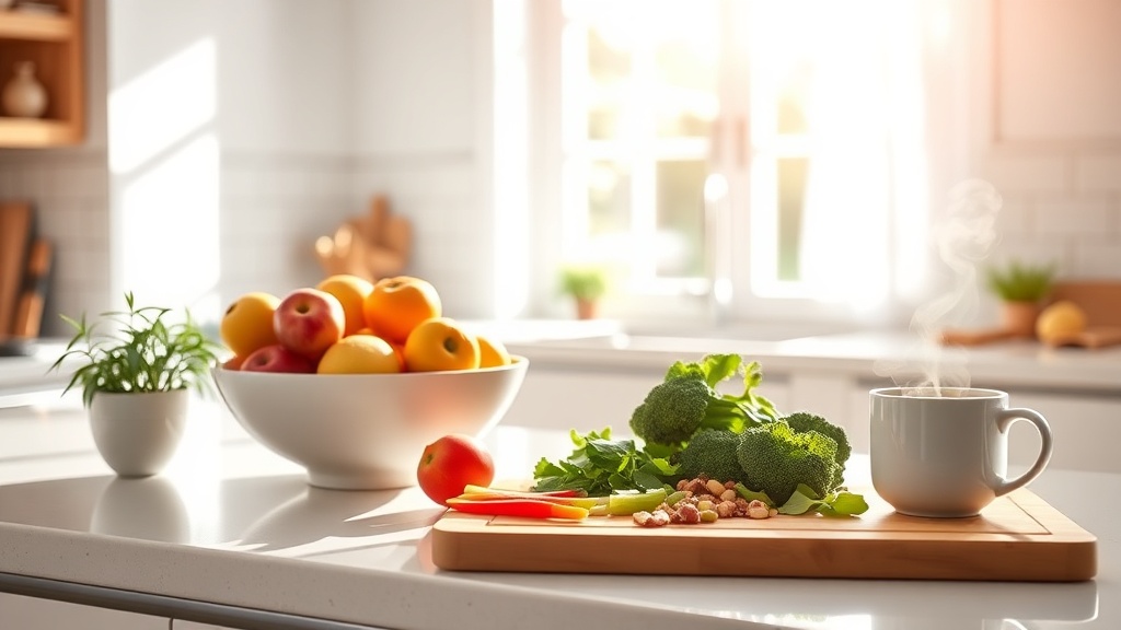 Bright kitchen with fresh ingredients for a healthy breakfast