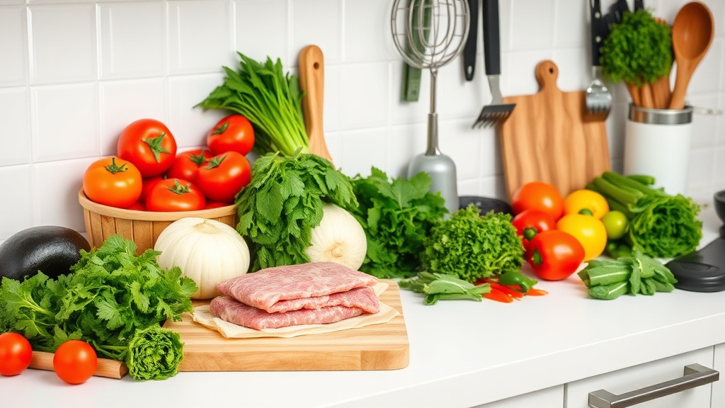 Organized kitchen countertop with fresh low-carb ingredients for meal prep