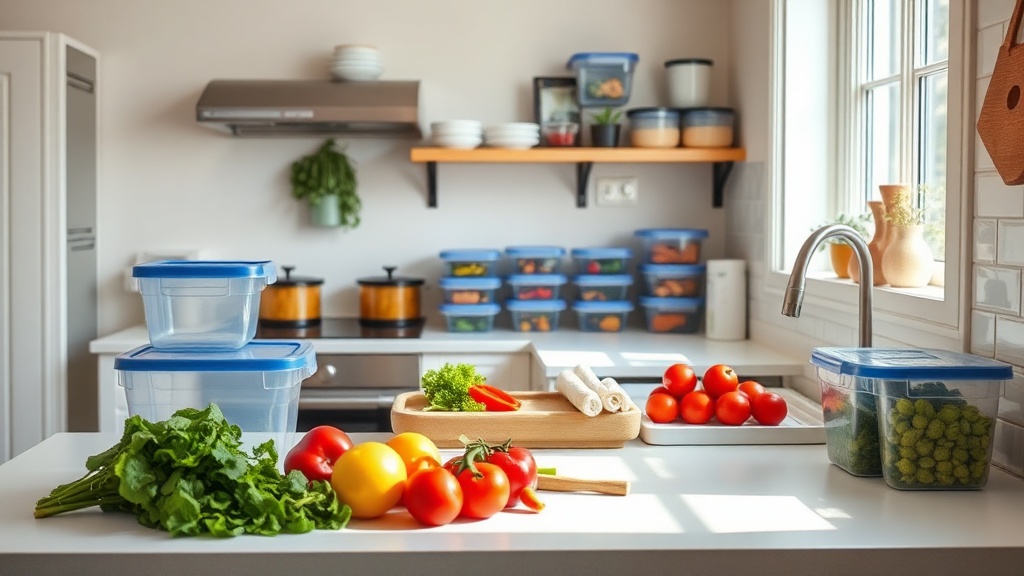 Organized kitchen with fresh ingredients for meal prepping